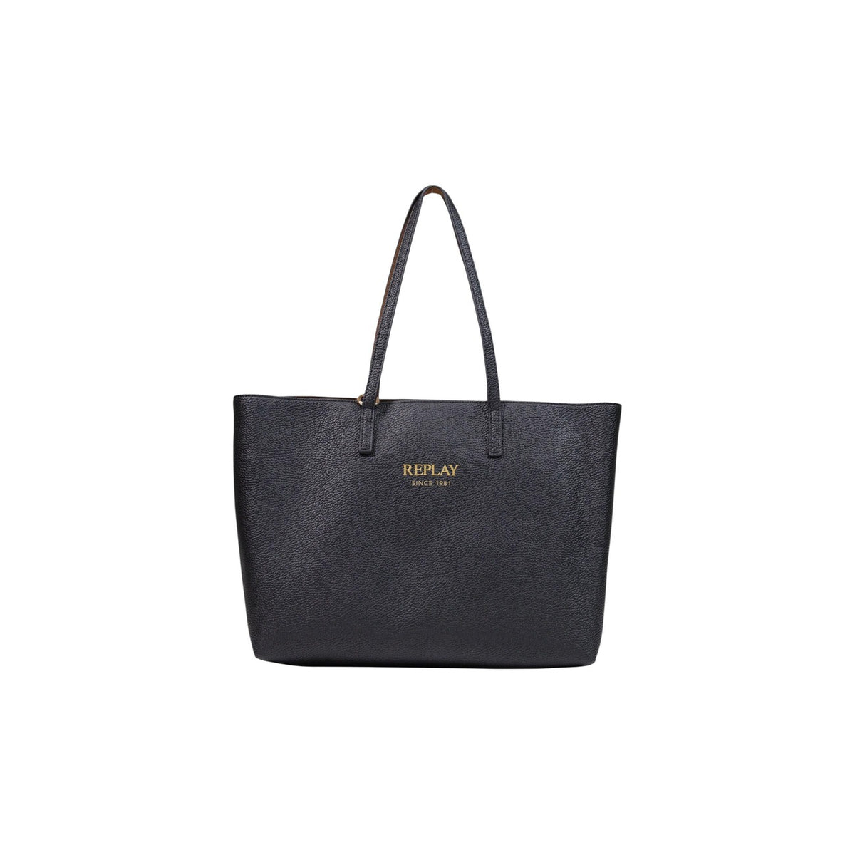 Borsa shopper Replay nera grande FW01CA.000.A7243Y. Borsa tote da donna nera effetto pelle con logo contrasto e pochette interna rimovibile in ecopelliccia, doppi manici e chiusura zip, borsa capiente da lavoro e viaggi 4 stagioni.