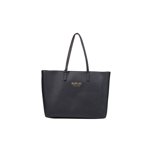 Borsa shopper Replay nera grande FW01CA.000.A7243Y. Borsa tote da donna nera effetto pelle con logo contrasto e pochette interna rimovibile in ecopelliccia, doppi manici e chiusura zip, borsa capiente da lavoro e viaggi 4 stagioni.