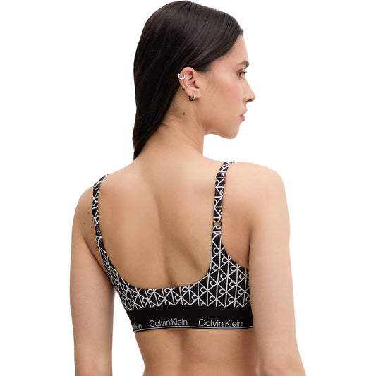 Bralette Bikini CK Jeans; Nero con monogramma bianco. Scollatura quadrata, fascia elastica logata, spalline regolabili. Tessuto stretch riciclato, asciugatura rapida, stile moderno e grafico. Vista posteriore