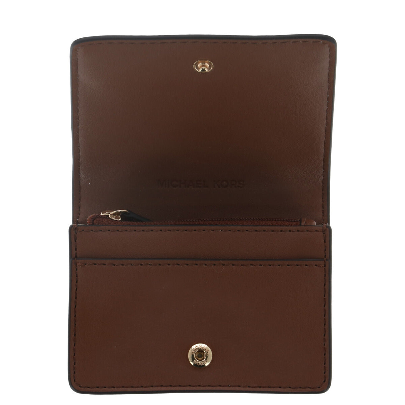 Michael Kors Portafoglio beige marrone piccolo 10.5X8X3.5 cm Donna. Con logo e bottone automatico vista frontale aperta