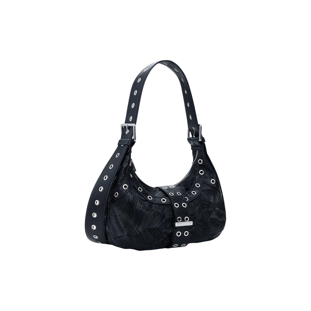 Borsa di medie dimensioni con tessuto effetto pelle di colore nero, chiusura superiore e manico corto regolabile. Presenta dettagli metallici circolari distribuiti sul davanti e sul retro.
Vista frontale laterale