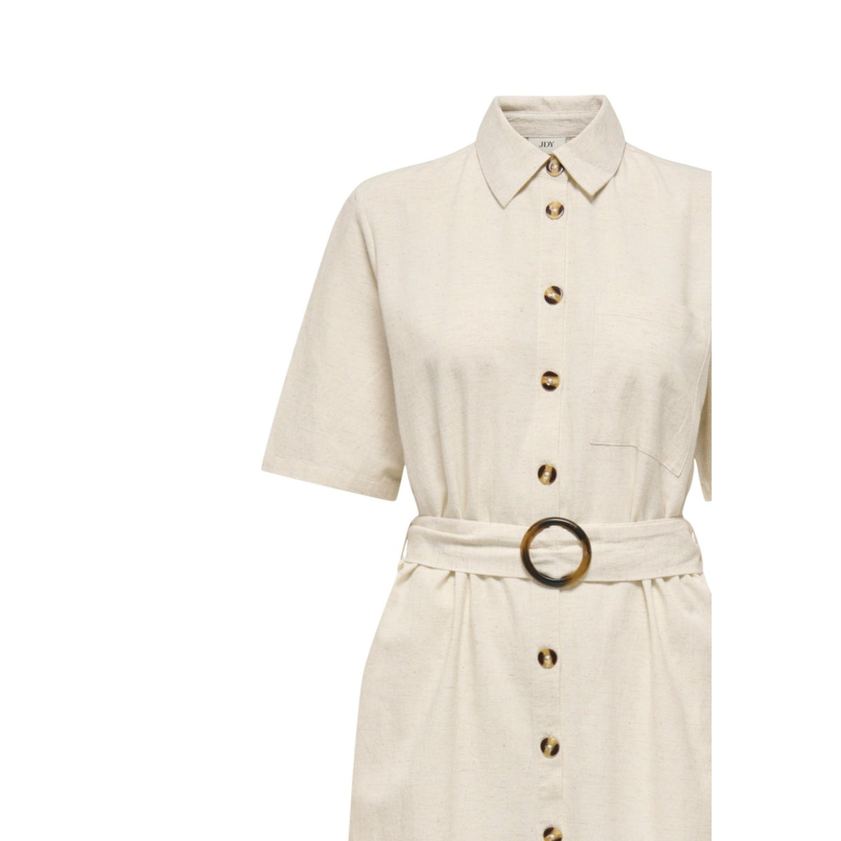 Vestito midi JDY Jdymilan; 45% cotone, 35% viscosa, 20% lino. Bottoni tartarugati, cintura con fibbia, maniche corte. Abito chemisier fresco, traspirante e raffinato.
