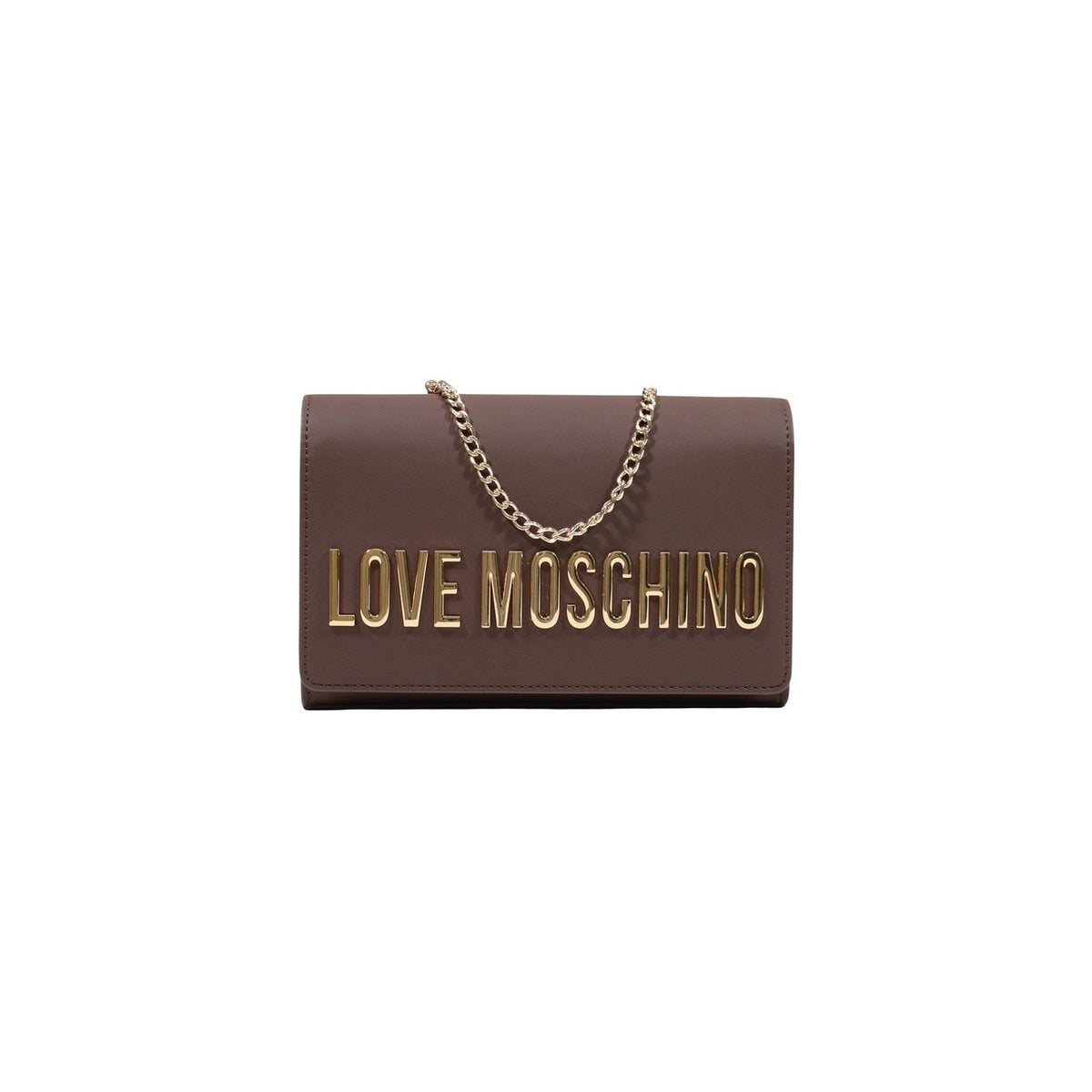 Borsa Love Moschino donna marrone a tracolla modello JC4103PP. Borsetta piccola color marrone cioccolato con catena oro e logo metallico dorato sul davanti, stile elegante, casual chic e da sera o giorno.