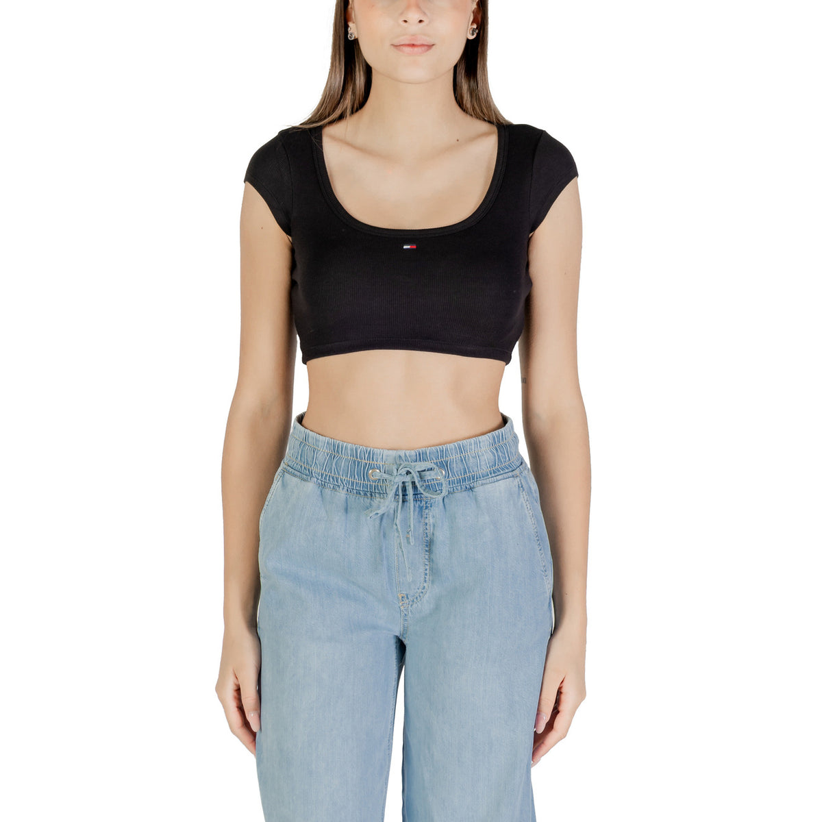 Tommy Hilfiger Jeans Top Donna Nero Maniche Corte Scollo Tondo Cotone 95% Elastan 5% DW0DW21185