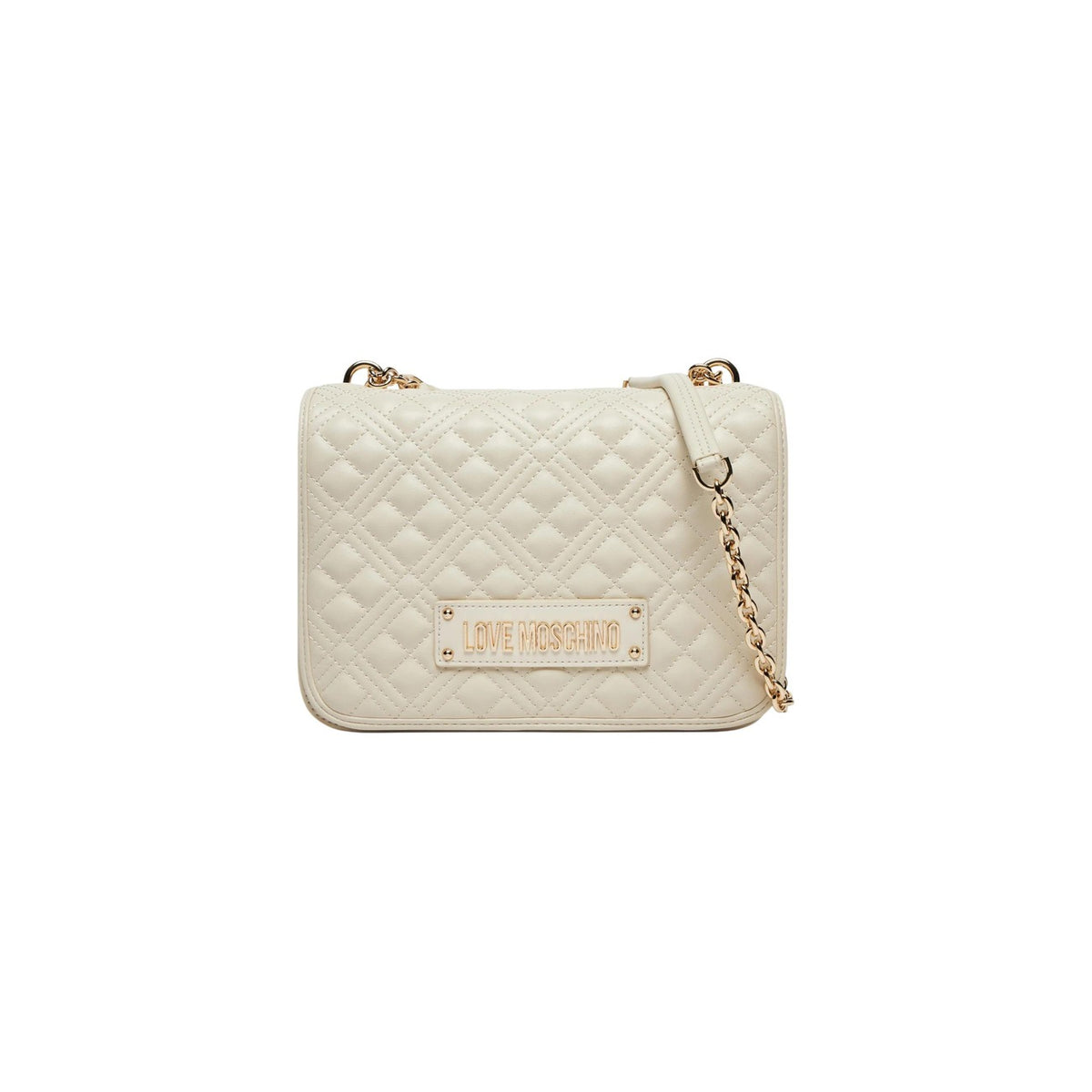 Borsa Love Moschino donna beige modello JC4000PP1. Borsetta a spalla e tracolla in ecopelle trapuntata beige con catena dorata e logo Love Moschino oro a rilievo sul davanti, borsa elegante da sera e da giorno stile matelassé.