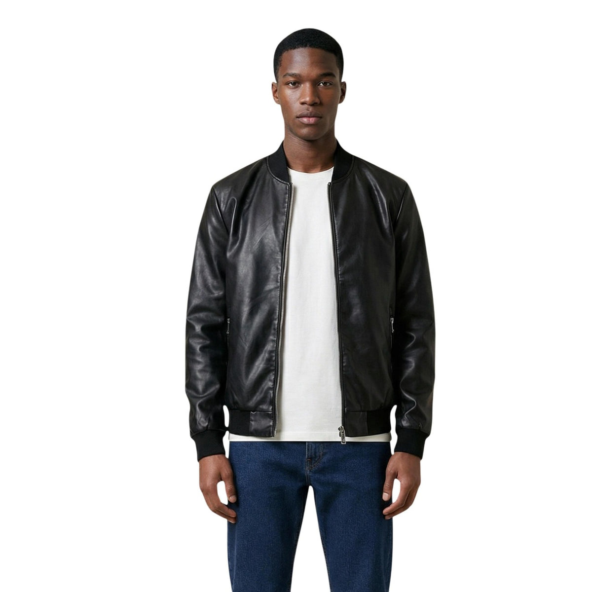 Gianni Lupo Bomber Ecopelle GL9731-S26; finitura liscia, chiusura zip, dettagli in maglia. Il bomber dal look urbano ideale per la mezza stagione. Colore nero. Vista frontale