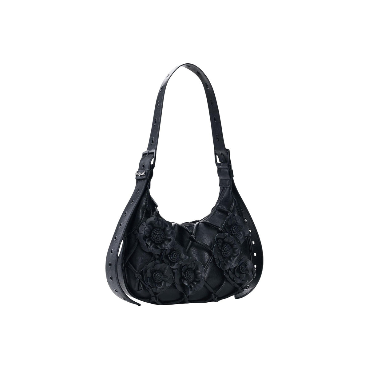 Borsa piccola con tracolla estensibile, applicazioni di fiori e dettagli di linee in stile rete, con effetto pelle a forma di rombo. Collezione SS26 Vista frontale Laterale