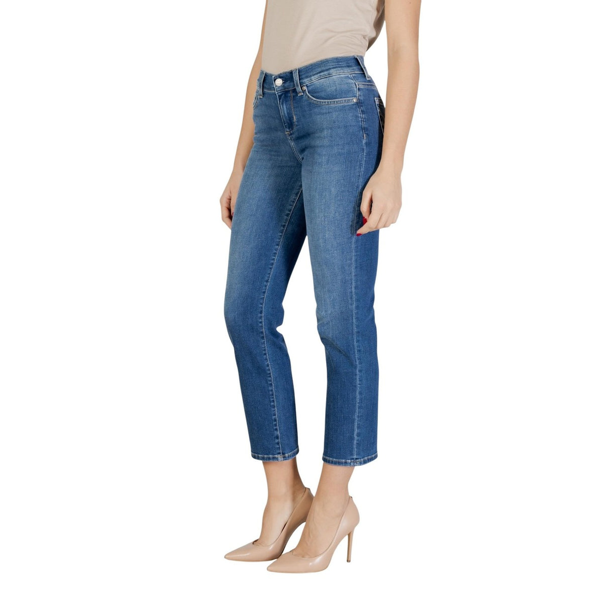 Jeans Liu Jo donna blu con zip e bottone - vista frontale laterale indossata da modello