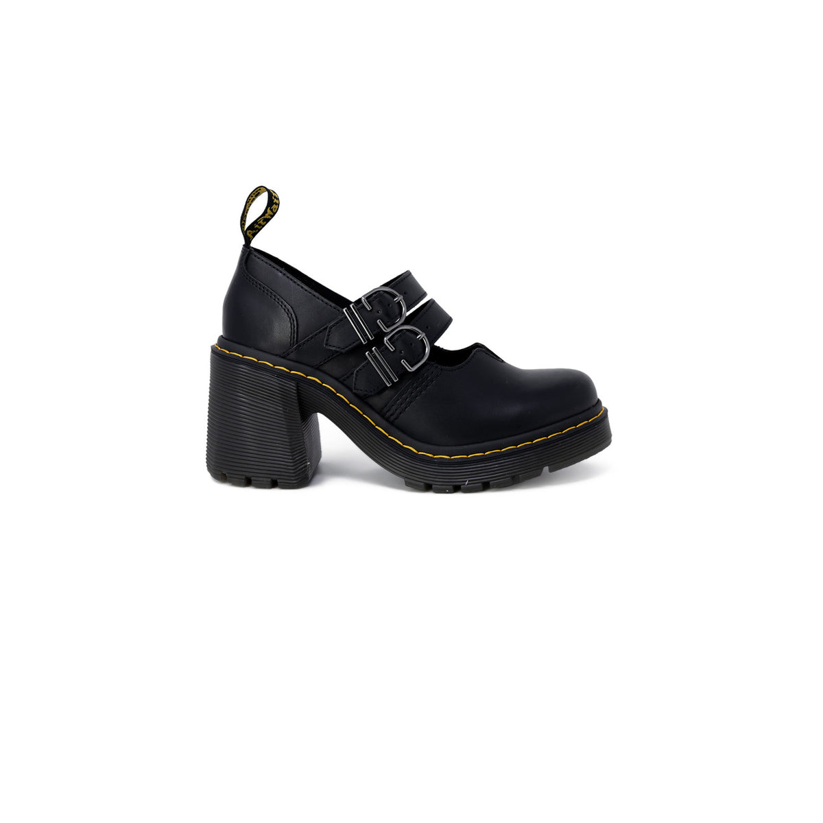 Scarpe stringate Dr. Martens EVIEE SENDAL con tacco in pelle donna nere con fibbia tacco largo punta tonda 100% pelle - vista laterale