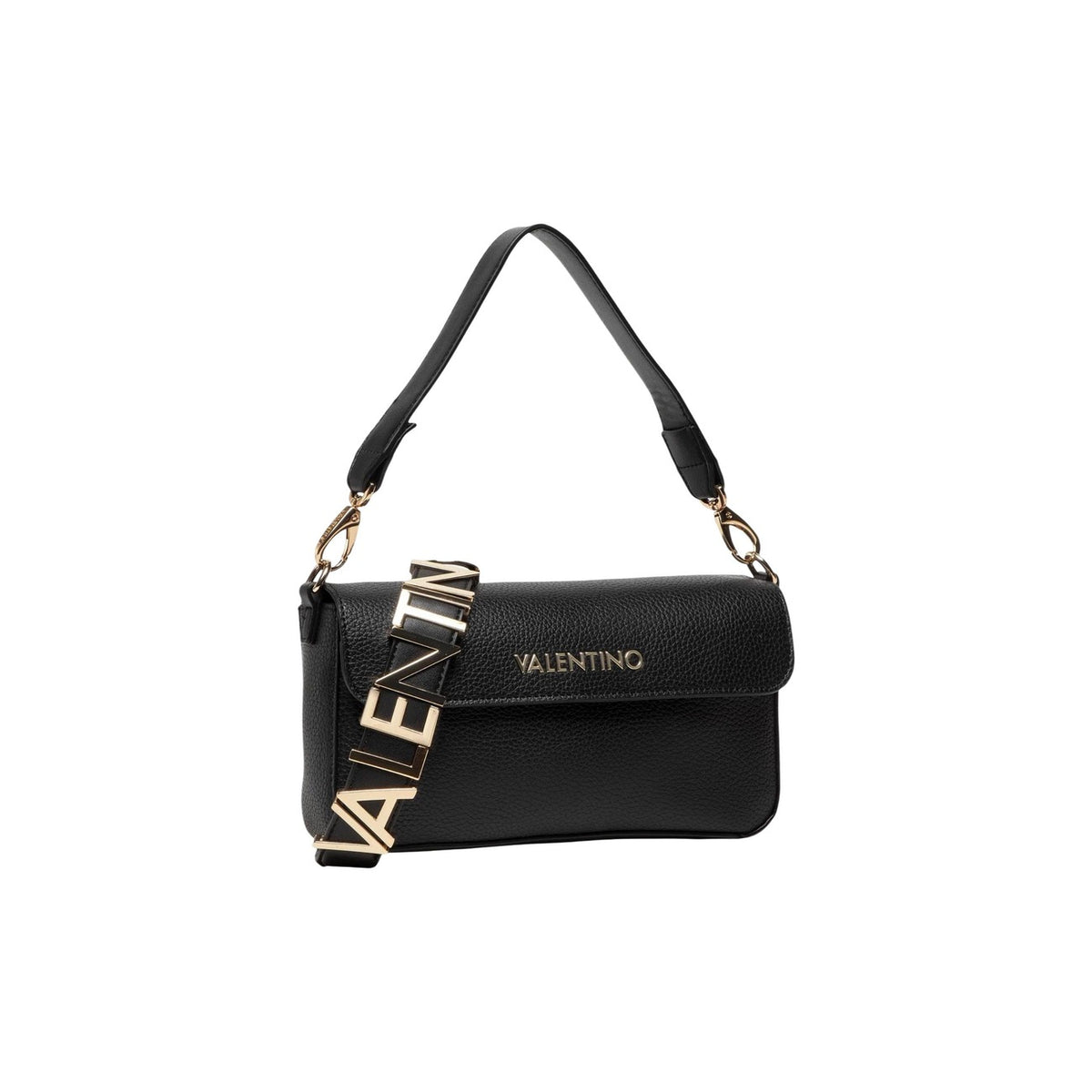 borsa nera è il modello Alexia di Valentino Bags, realizzata in poliuretano nero con chiusura a patta e logo in rilievo. Vista frontale con Dettaglio logo