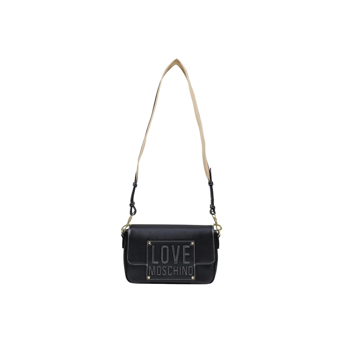 Borsa Love Moschino donna nera tracolla modello JC4066PP1. Borsetta piccola nera a spalla e a bandoliera in ecopelle liscia con logo metallico dorato lucido sul davanti e chiusura a zip, stile casual chic ed elegante.