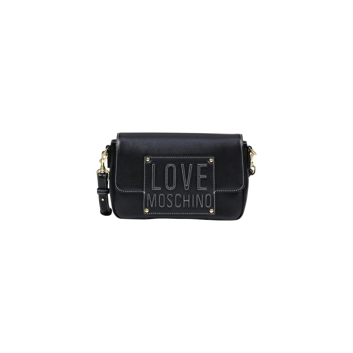 Borsa Love Moschino donna nera tracolla modello JC4066PP1. Borsetta piccola nera a spalla e a bandoliera in ecopelle liscia con logo metallico dorato lucido sul davanti e chiusura a zip, stile casual chic ed elegante.