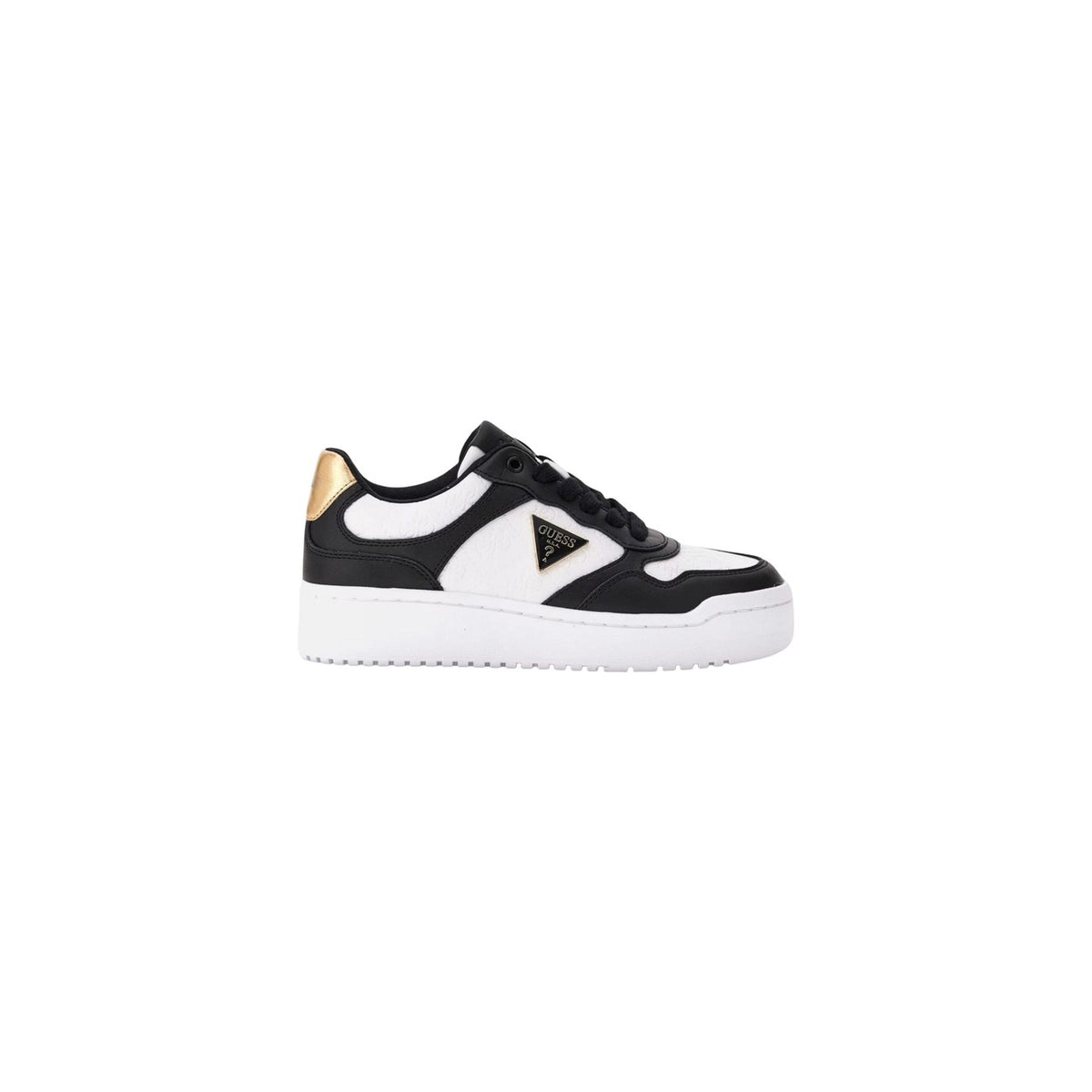 Sneakers Platform Donna Guess Miriam; Tomaia 100% poliuretano con logo laterale a triangolo e inserto posteriore laminato. Suola alta 3,9 cm in gomma e sottopiede in tessuto, stile casual 4 stagioni. Vista laterale