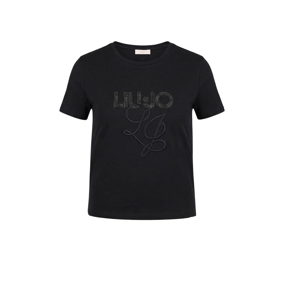 T-shirt donna Liu Jo cropped nera in 100% cotone; logo frontale impreziosito da paillettes e micro strass luminosi. Taglio corto e maniche corte. Vista frontale