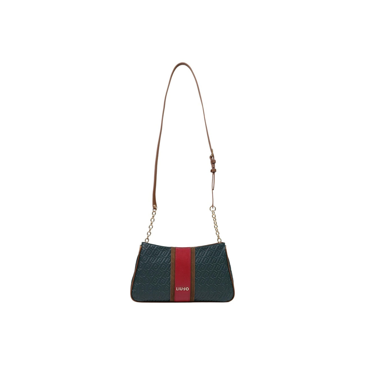 Borsa tracolla Liu Jo verde monogram AF6112 E1141. Borsa piccola da donna verde a spalla e tracolla con logo a rilievo, banda centrale, catena dorata e chiusura zip, borsa casual chic e da sera 4 stagioni.