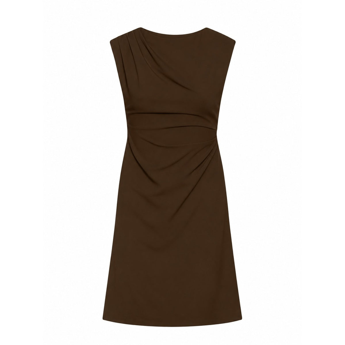 Abito Corto Donna Marrone Vero Moda; Vestito aderente smanicato in poliestere e viscosa elastica. Girocollo, spalline larghe e dettaglio arricciato laterale, stile casual-chic per tutti i giorni. Vista stesa