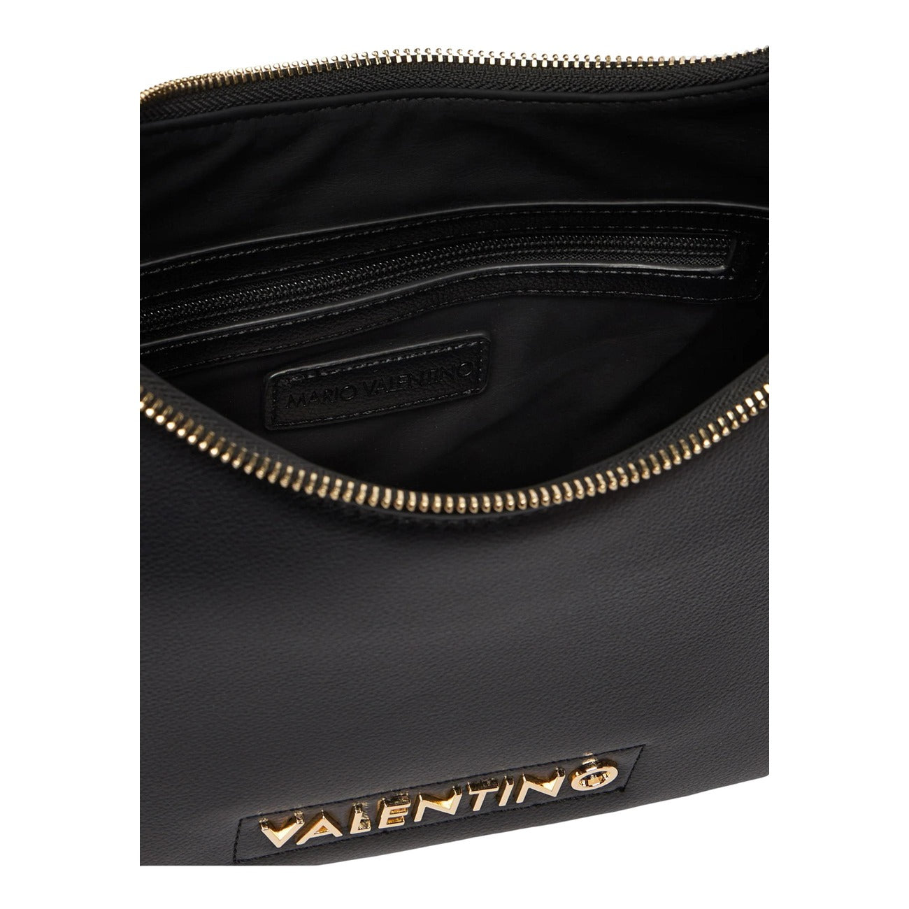 Borsa Nera Donna Valentino Bags Aury; Misure 8x19x7 cm. Tessuto 100% poliuretano con doppi manici, tracolla rimovibile e chiusura superiore con zip. Dettagli logo in metallo dorato lucido, stile elegante 4 stagioni. Vista aperta