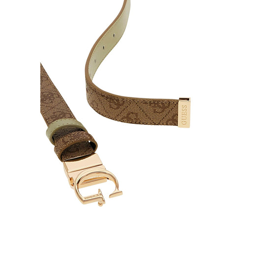Guess Leona Logo; reversibile, altezza 2,5 cm, fibbia con logo G dorato. Cintura logata sottile per outfit raffinati. Colore beige/marrone. Vista frontale dettaglio cinta logo
