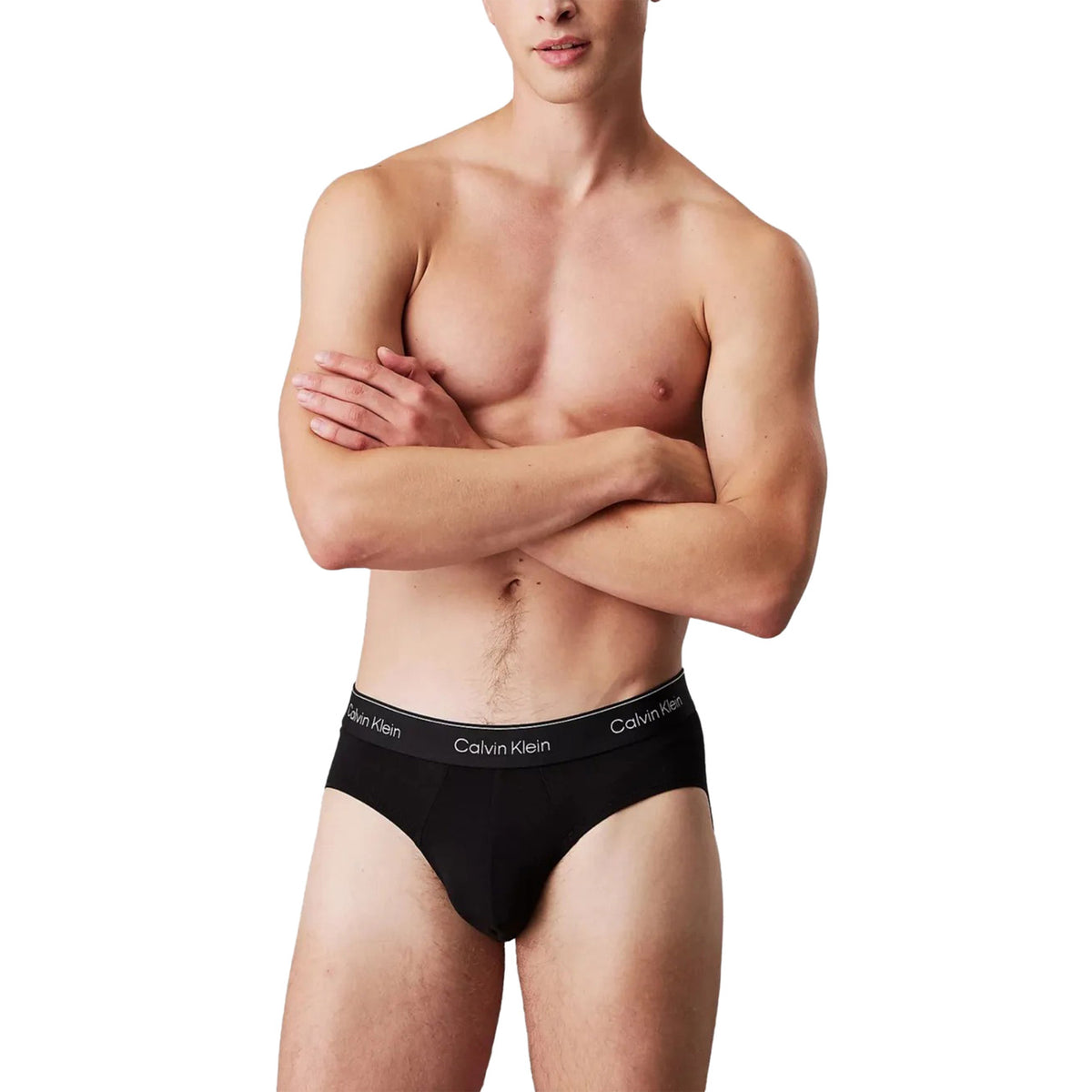 Slip Calvin Klein Underwear classici uomo neri confezione da 3 con elastico logo 95% cotone - vista frontale indossato da modello