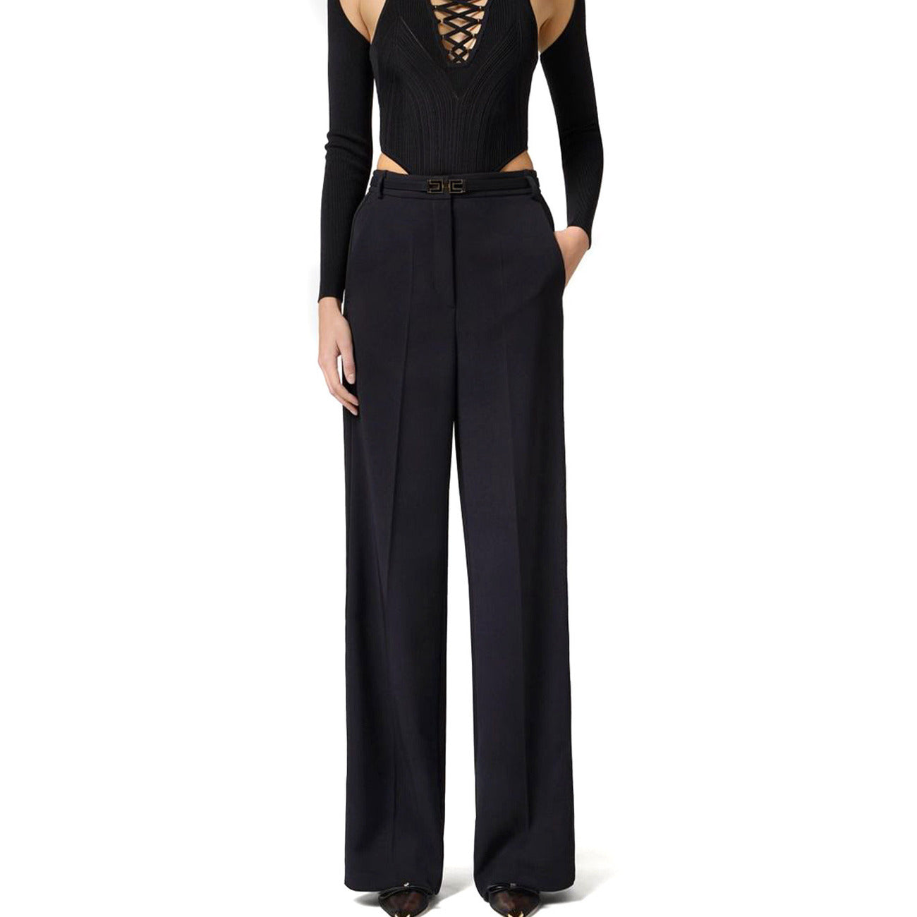 Elisabetta Franchi Pantaloni Donna Neri con Zip Bottone - Pantaloni Poliestere Elastan