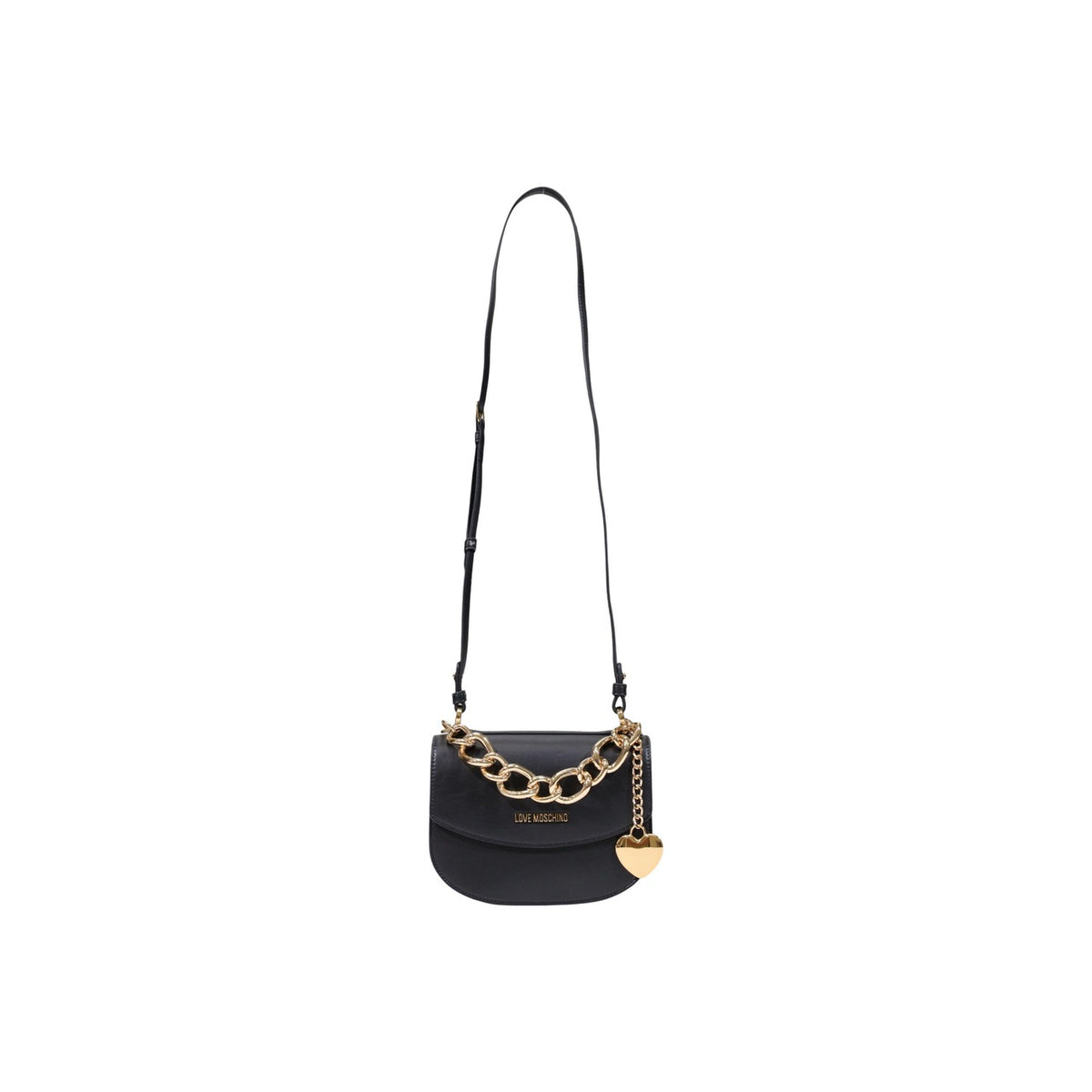 Borsa Love Moschino donna nera a tracolla modello JC4160PP. Borsetta piccola a bandoliera nera con catenella oro decorativa, ciondolo a cuore e zip stile casual chic, elegante e da sera.