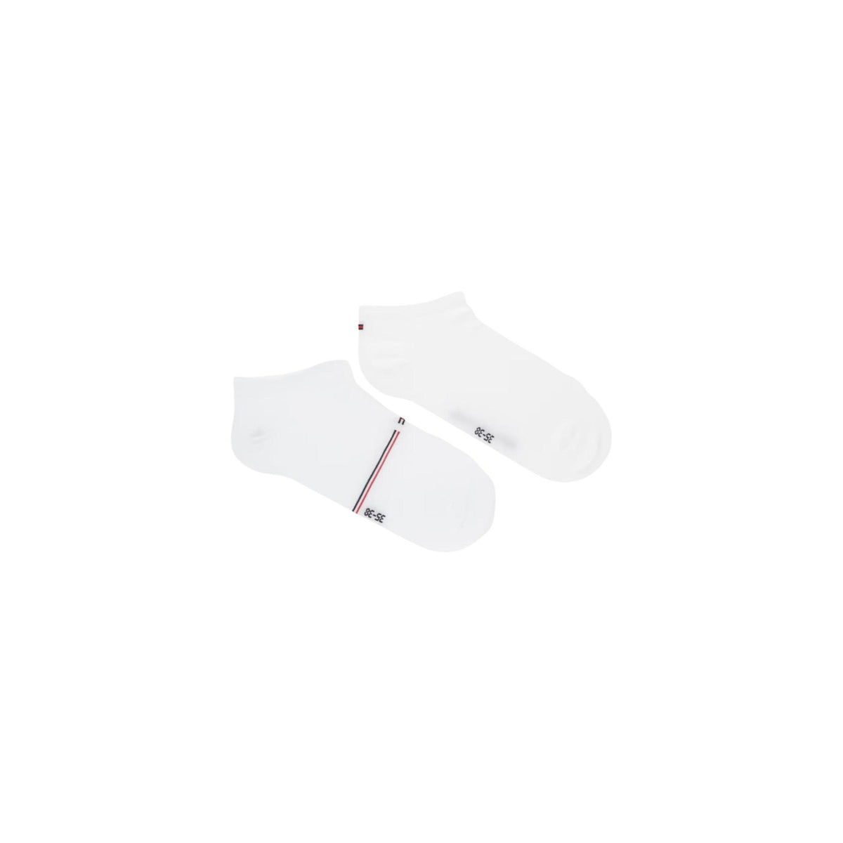 Pack 2 Paia Calzini Sneaker Tommy Hilfiger Mesh; Bianco. 72% Viscosa, 27% Poliammide, 1% Elastam. Trama a rete traspirante, effetto seta, bordo a righe sottili. Frontale