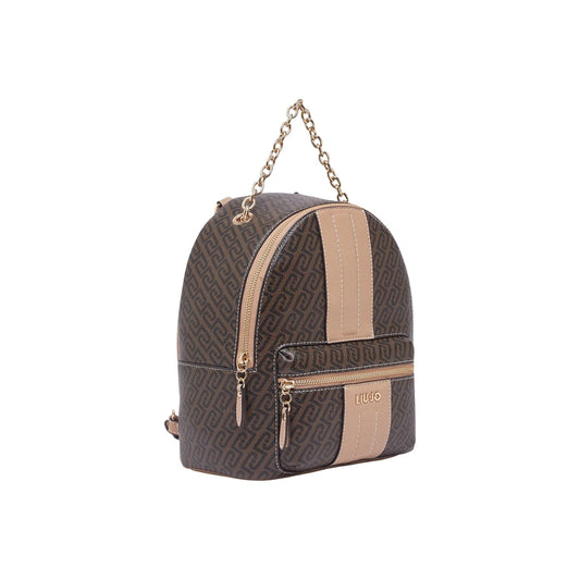 Liu Jo Zaino M marrone AA6111; texture monogrammata, manico a catena gold e spallacci regolabili. Zaino medio in ecopelle resistente, perfetto per il tempo libero e il lavoro. Vista frontale Laterale