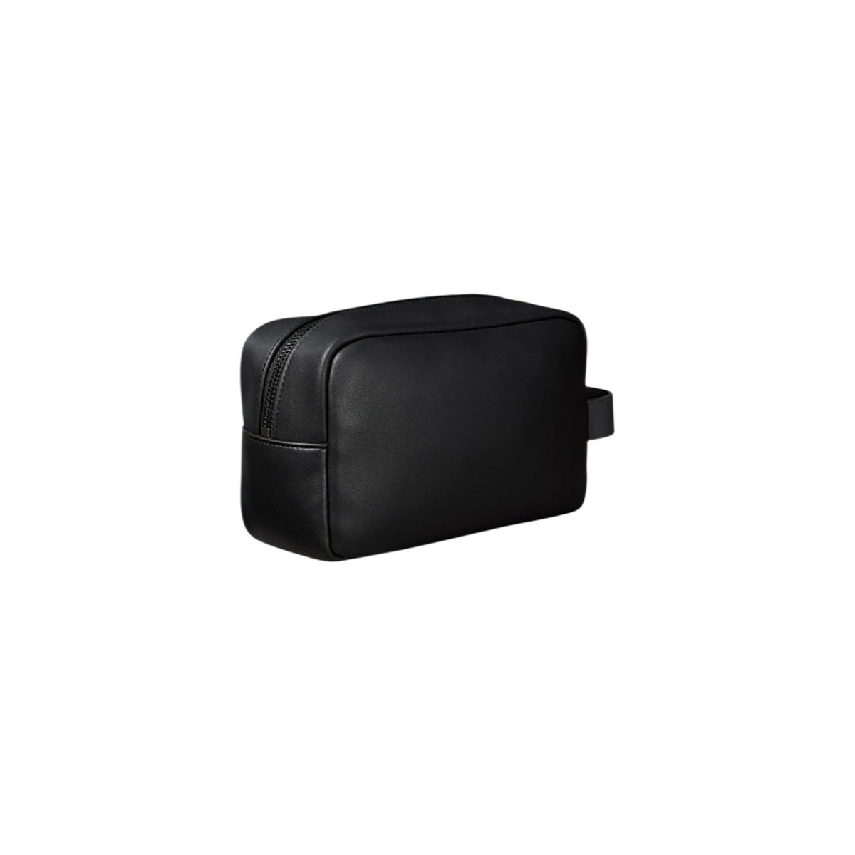 Calvin Klein Washbag; ecopelle nera, chiusura a zip, manico laterale. L'astuccio da bagno compatto e moderno per lo stile di vita contemporaneo. Colore nero. Vista posteriore