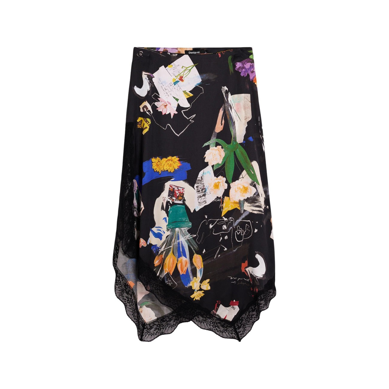 Gonna Midi Desigual Asimmetrica; 100% Viscosa EcoVero™. Stampa collage multicolor, dettagli in pizzo, tessuto satinato fluido. Chiusura con zip, collezione SS26.