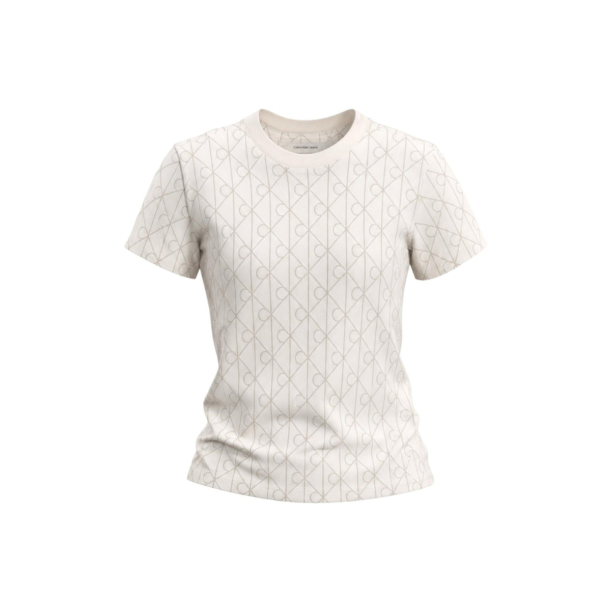 T-shirt Calvin Klein Jeans donna bianca modello LV047G811G. Maglietta a maniche corte girocollo in puro cotone bianco con stampa geometrica e pattern loghi CK all-over, t-shirt estiva leggera di marca stile casual.