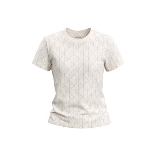 T-shirt Calvin Klein Jeans donna bianca modello LV047G811G. Maglietta a maniche corte girocollo in puro cotone bianco con stampa geometrica e pattern loghi CK all-over, t-shirt estiva leggera di marca stile casual.