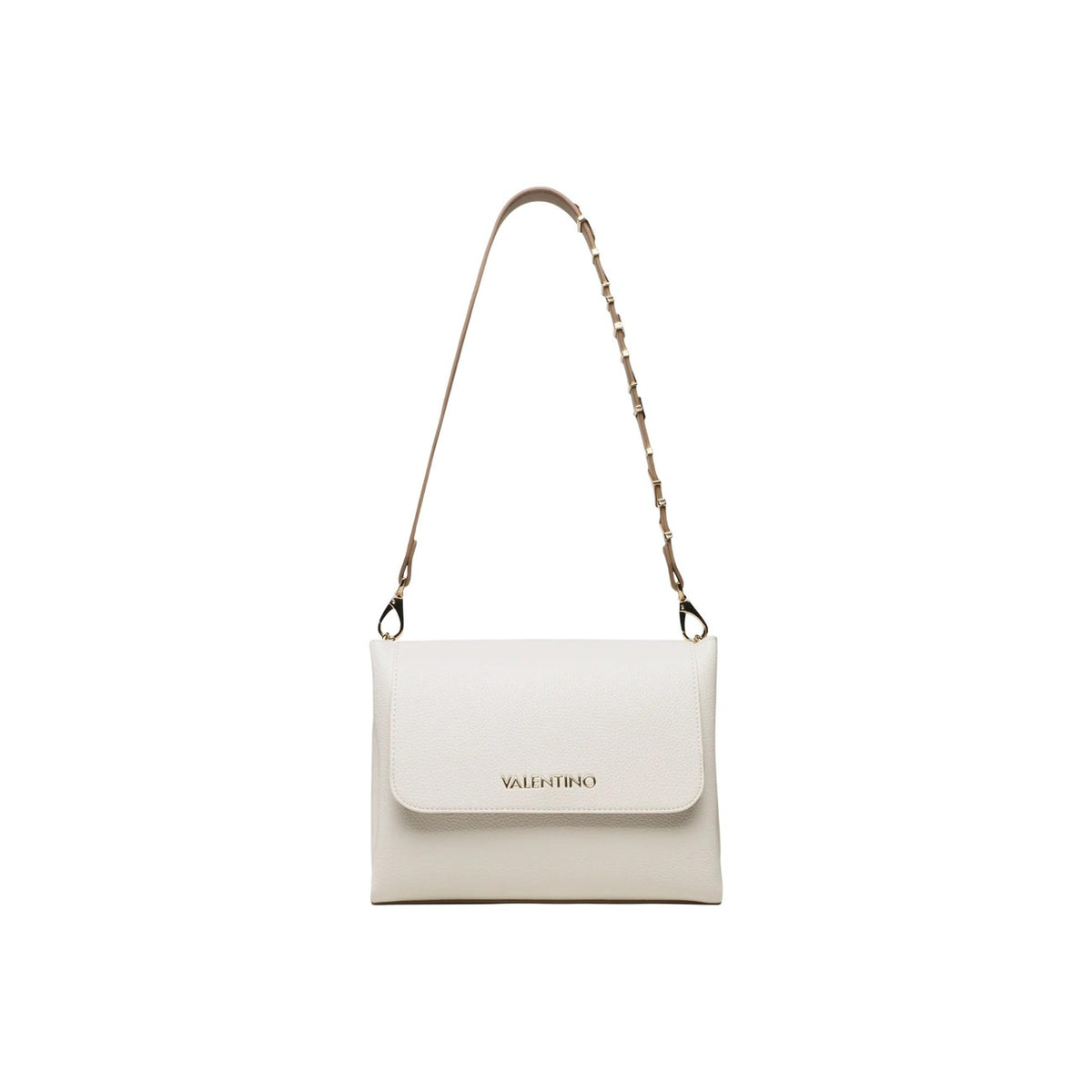 Borsa bianca Valentino Alexia VBS5A803, chiusura a patta con logo e tracolla speciale con lettere iconiche; borsa media versatile con interno organizzato e finiture premium. Vista frontale con tracolla