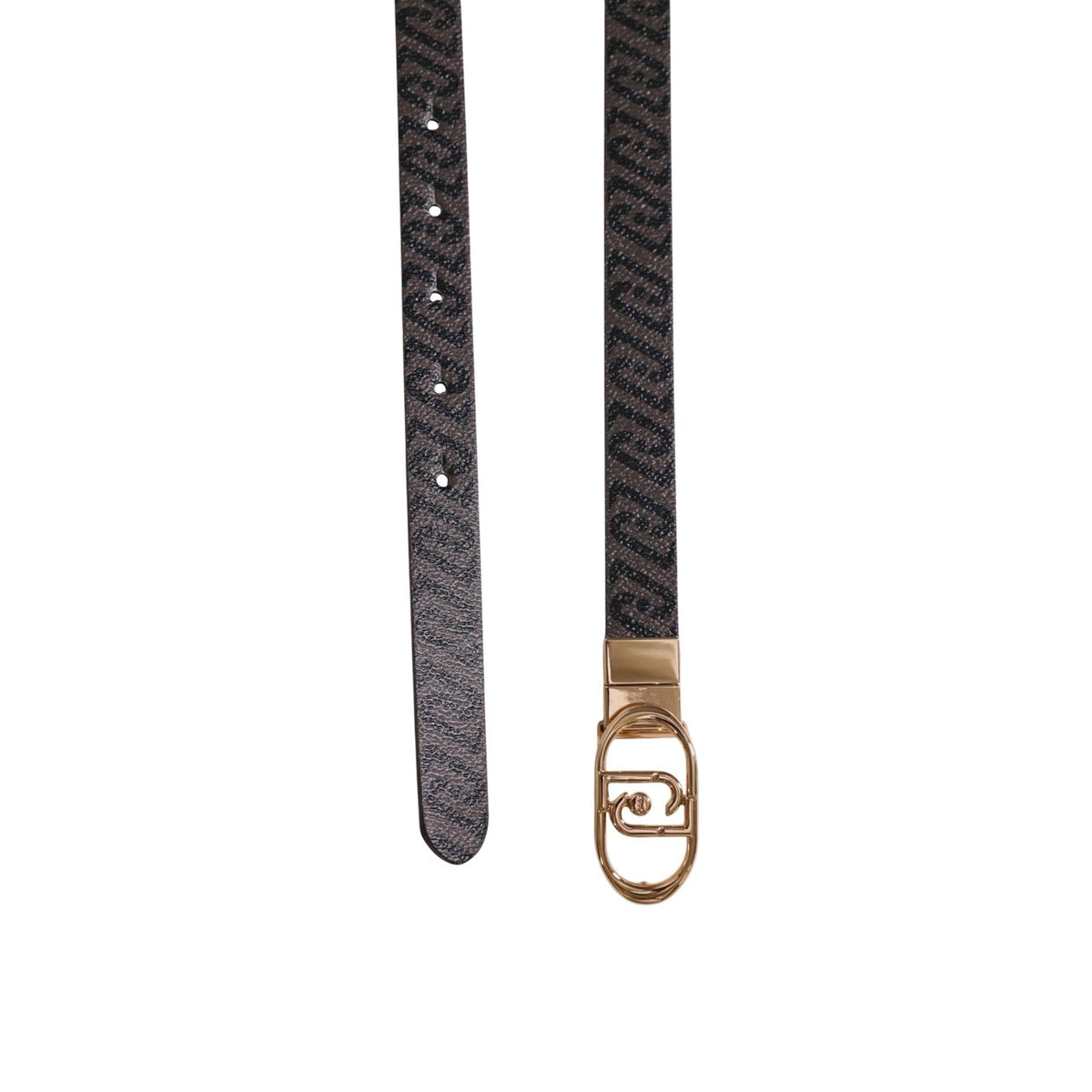 Cintura Reversibile Liu Jo; Marrone. Altezza 2 cm. Stampa logo all-over e lato effetto bottalato. Fibbia monogram dorata, chiusura regolabile. Prodotto ecosostenibile "Liu Jo Better". Dettaglio