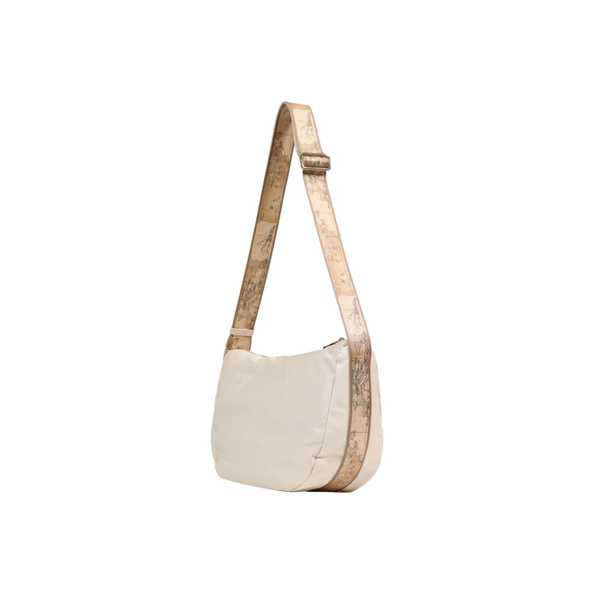 Shoulder Bag Alviero Martini LB84; poliammide riciclata, tracolla Geo regolabile. Tasca esterna con zip dorata, logo Prima Classe, formato grande. Leggera, resistente e di tendenza. Colore bianco: vista posteriore laterale