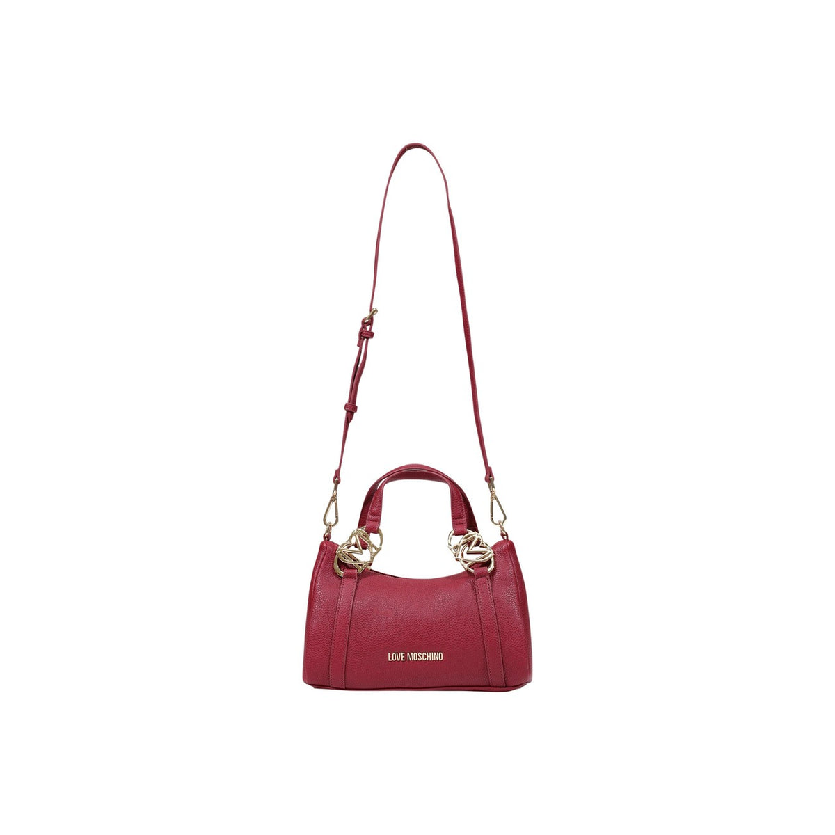 Borsa Love Moschino donna rossa a mano modello JC4015PP1. Borsetta piccola bauletto in ecopelle martellata rossa con dettagli oro a cuore sui manici e zip stile casual chic, romantico, audace e da sera.