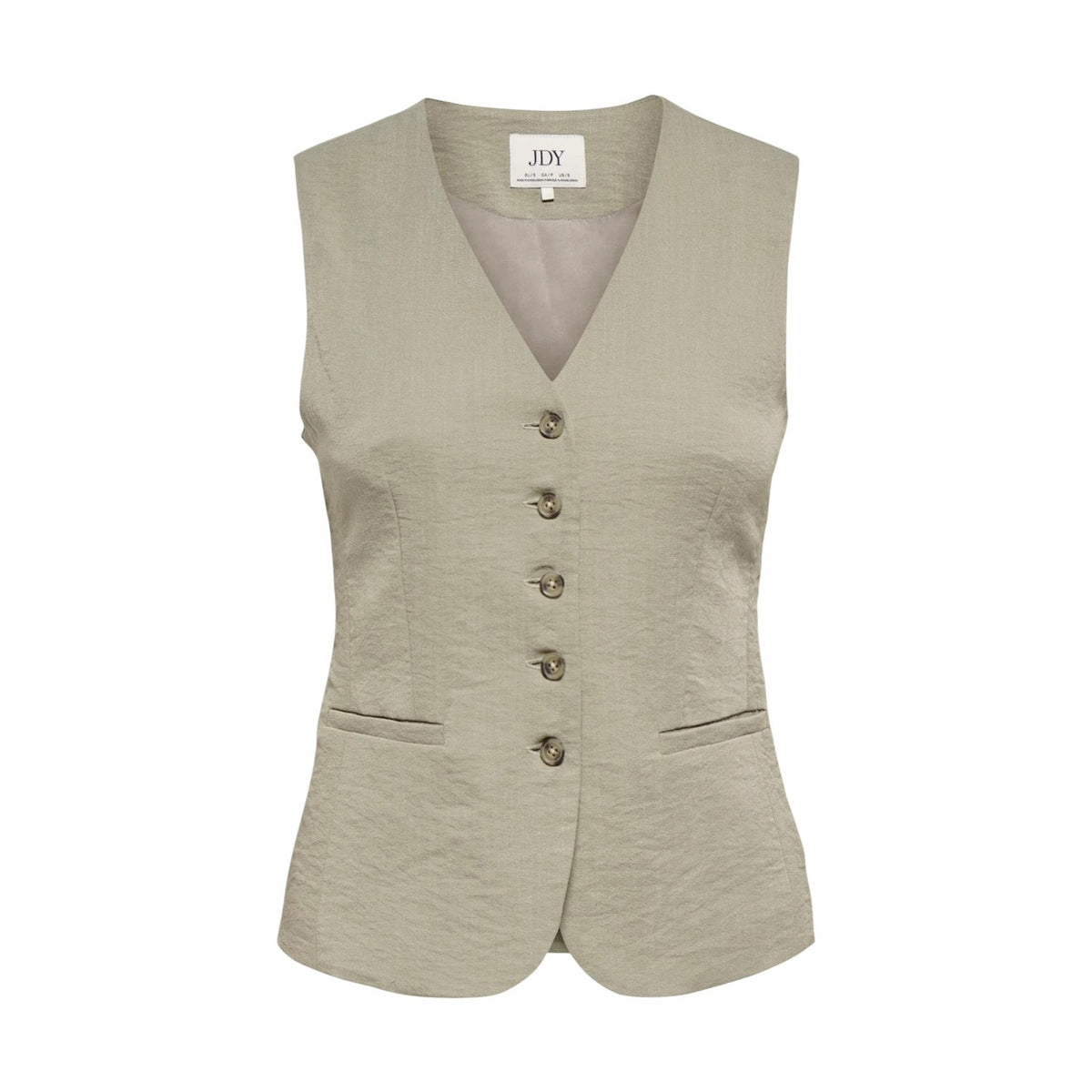 Gilet Jacqueline de Yong Jdyriver; scollo a V, chiusura a bottoni effetto tartarugato, tasche a filetto. Il gilet sartoriale passe-partout per la tua primavera/estate. Colore beige vista stesa