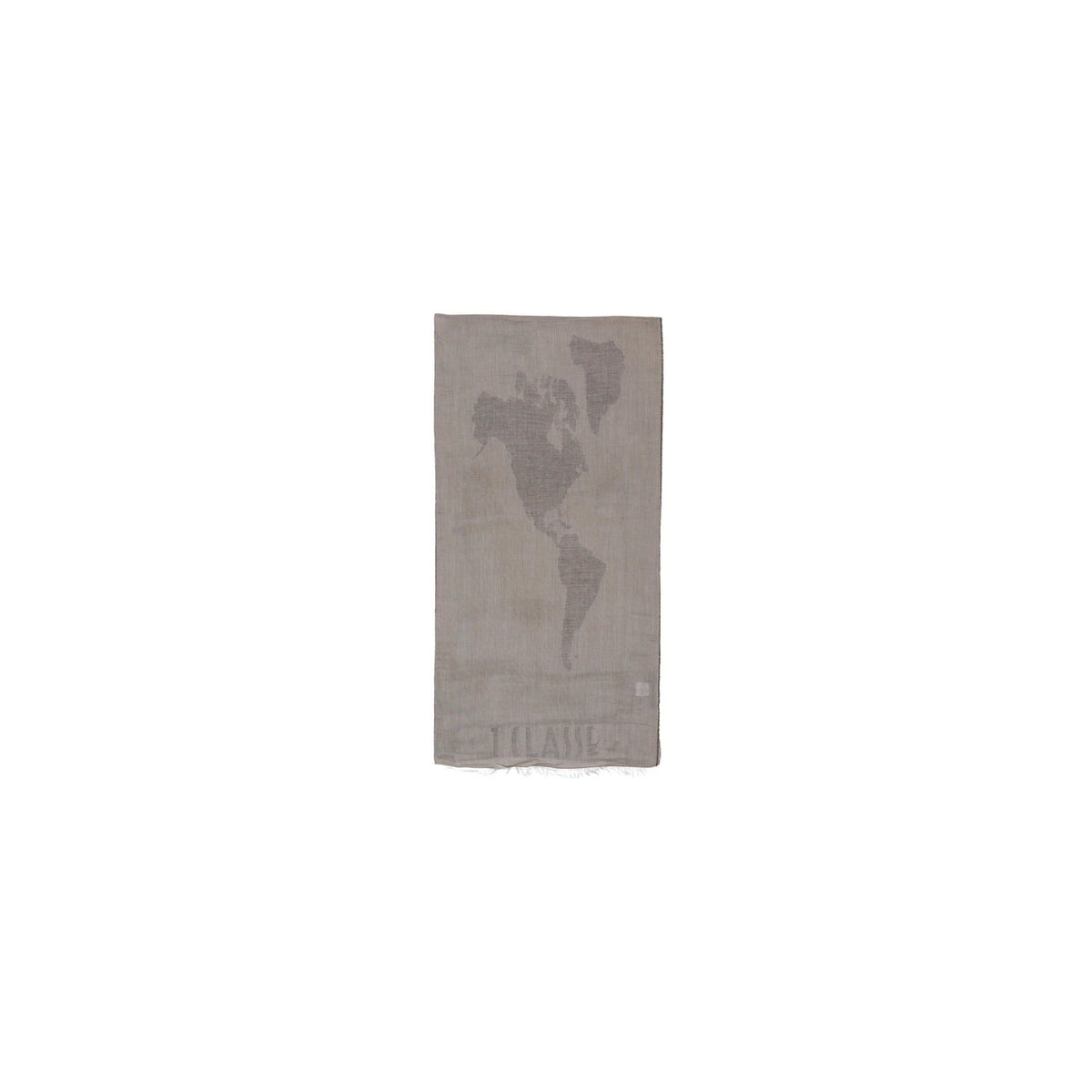 Alviero Martini S647 1848; sciarpa modal e cotone con mappa Geo in rilievo e logo ricamato. L'accessorio iconico e versatile per un'eleganza senza tempo. Colore marrone. Vista frontale