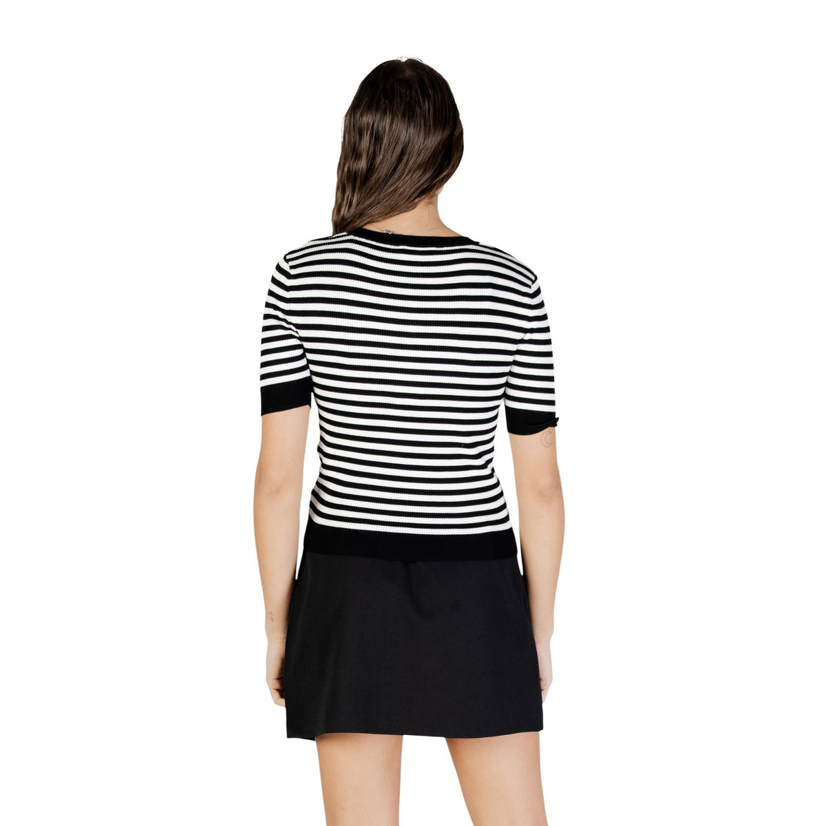 Maglia Morgan De Toi donna bianca a righe nere maniche corte - vista posteriore retro indossata da modello