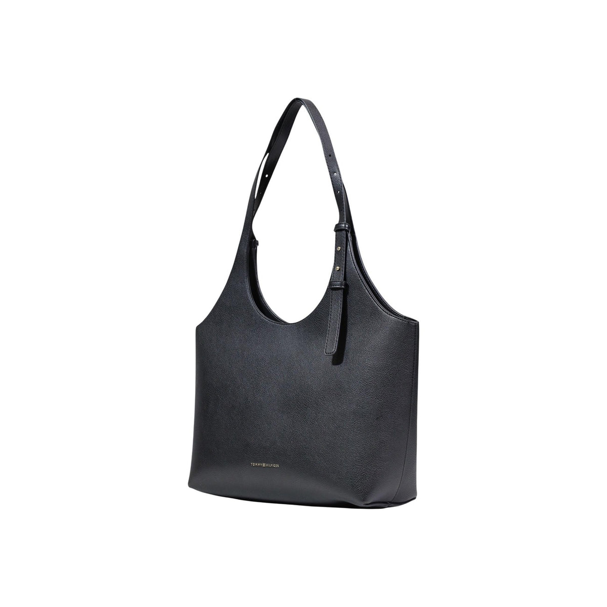 Borsa Tote donna Tommy Hilfiger; 100% Poliuretano. Logo metallico, tracolla regolabile, design ampio e leggero. Shopper nera versatile per ufficio e casual-chic. Vista frontale Laterale