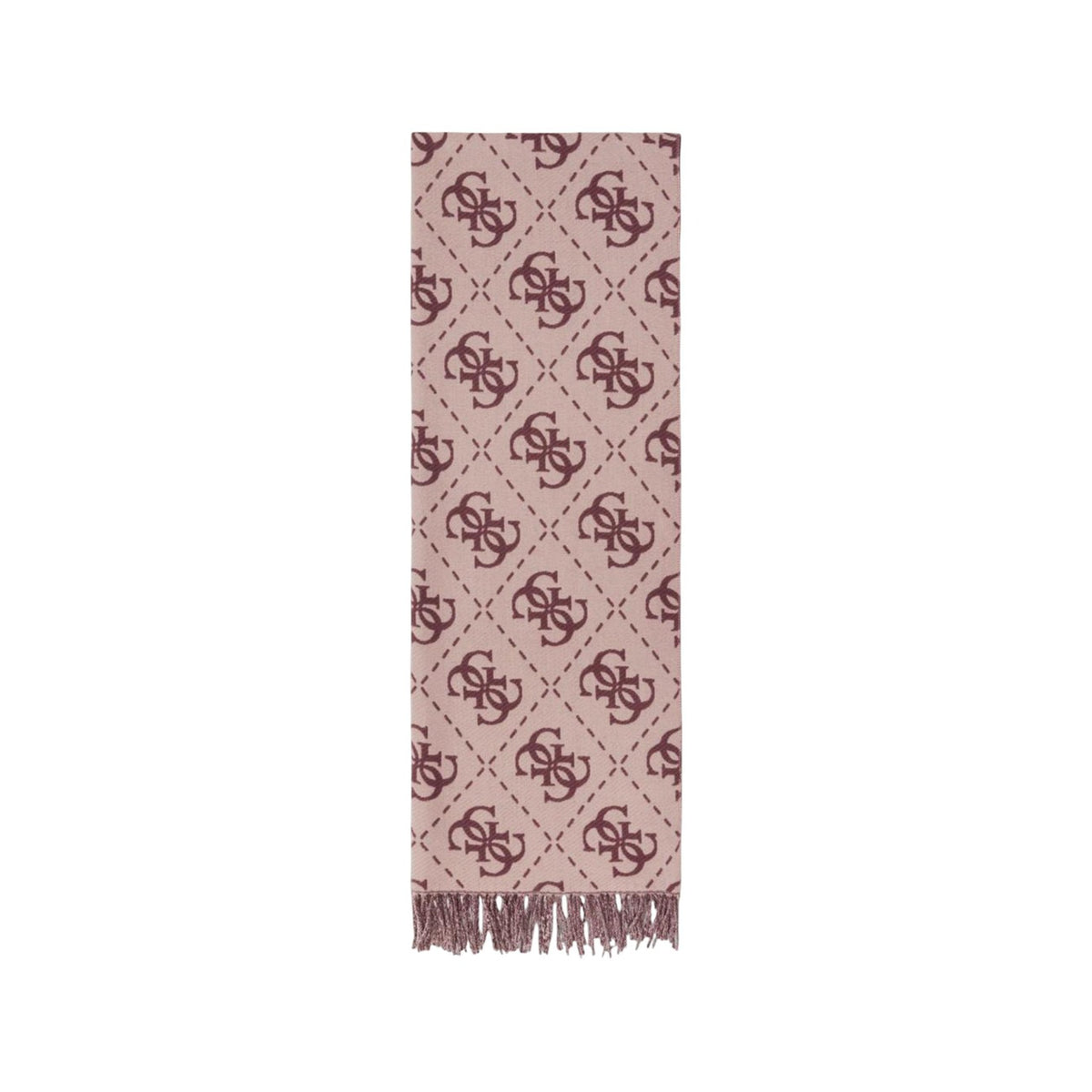 Sciarpa Guess donna logo all over AW5217 VIS03. Stola invernale bicolore in maglia morbida con loghi Guess, estremità con frange e misure 94x100 cm, collezione autunno inverno. Rosa