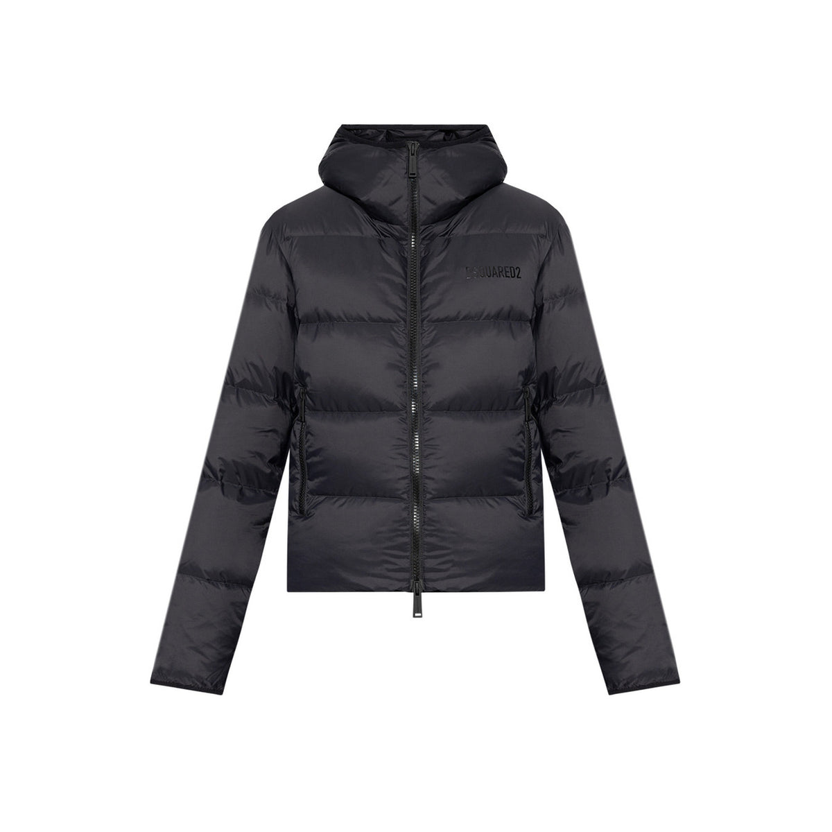 Dsquared2 Down Jacket Donna; piumino nero con cappuccio, design imbottito, chiusura a zip. Calore estremo e stile luxury. Vista frontale stesa