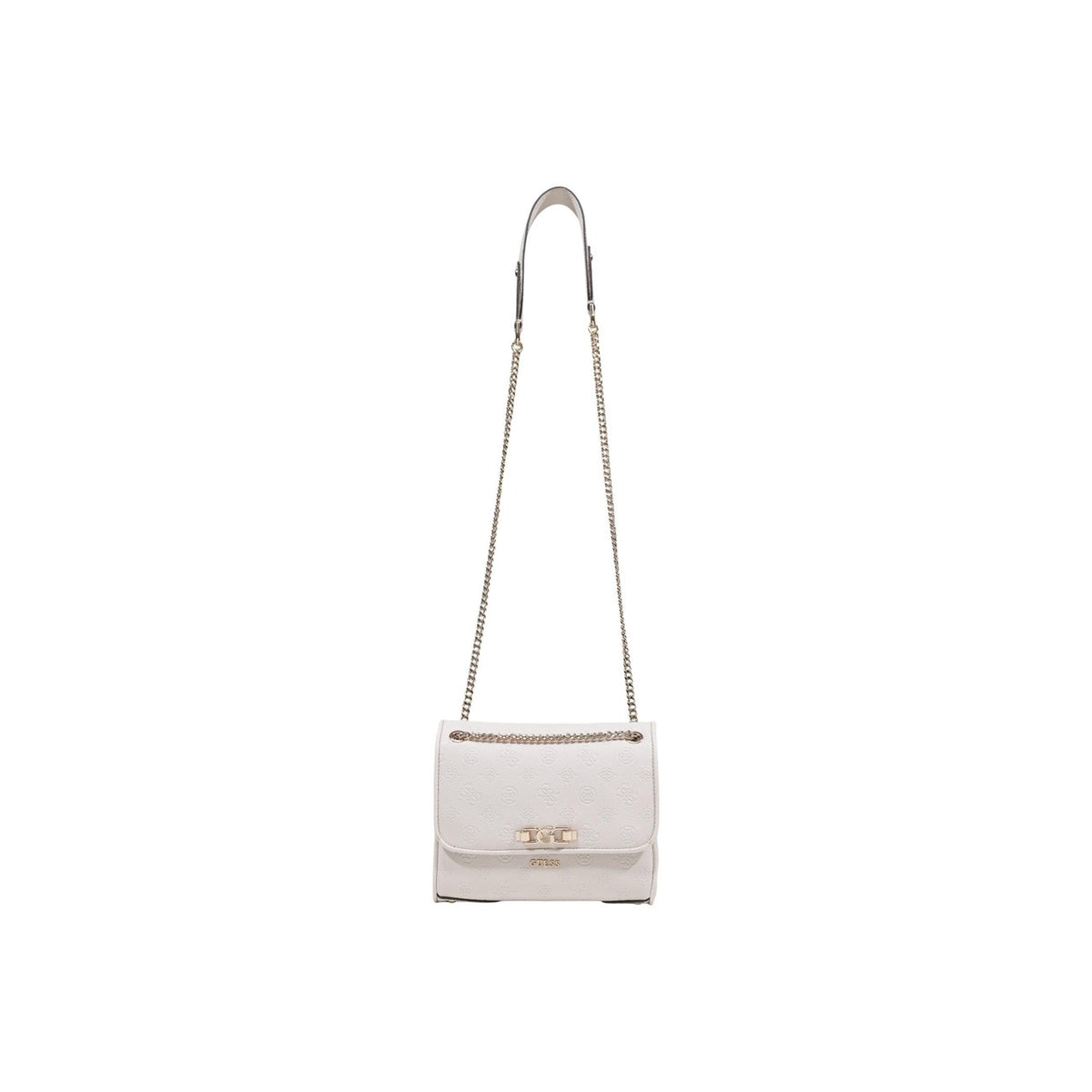 Borsa avorio Guess Anise Convertible con flap e logo in rilievo, tracolla a catena regolabile e chiusura a incastro, ideale per outfit eleganti. Figura frontale Con tracolla