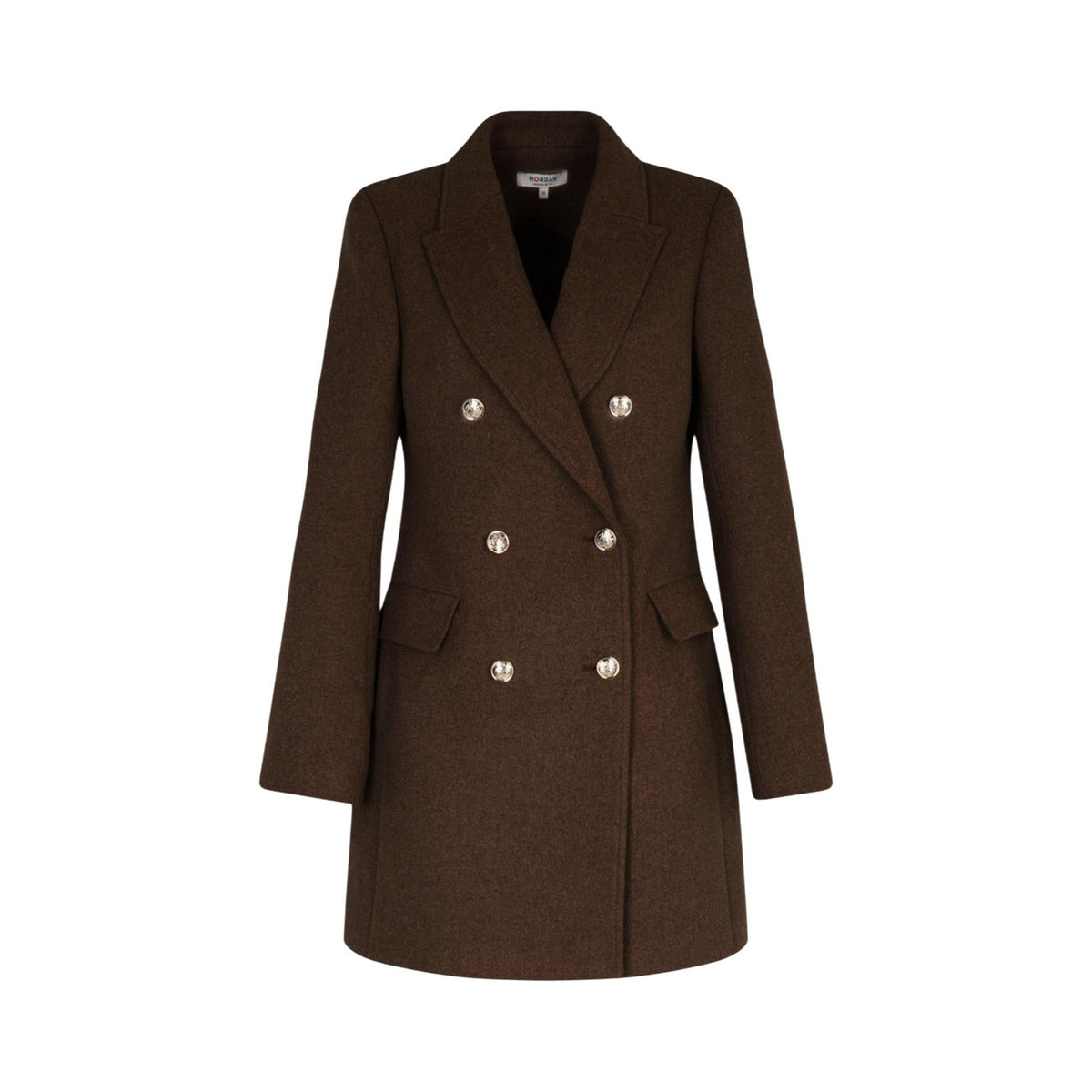 Cappotto Morgan De Toi donna marrone 252-GCHA. Cappotto lungo elegante foderato in misto lana, abbottonatura doppiopetto con bottoni in metallo, collo a rever ampio e vestibilità dritto-regolare per l'inverno.