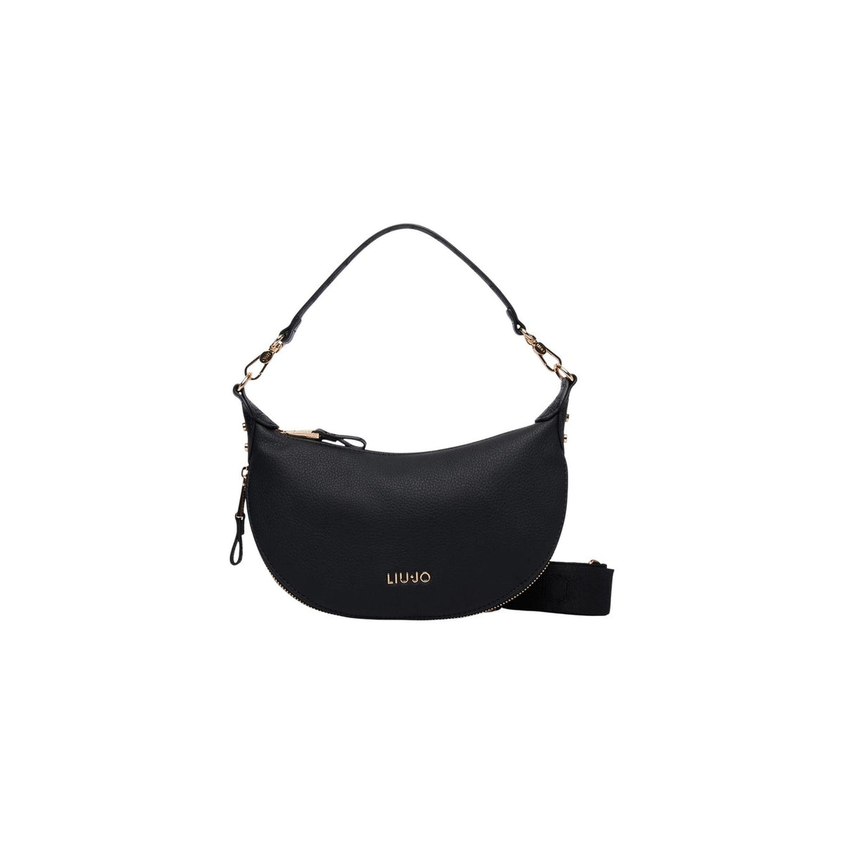 Borsa Liu Jo mezza luna donna. Borsetta a spalla e crossbody sostenibile Liu Jo Better con profili zip sul fondo, tracolla logata regolabile e removibile, hardware e logo dorato, collezione autunno inverno. Nero