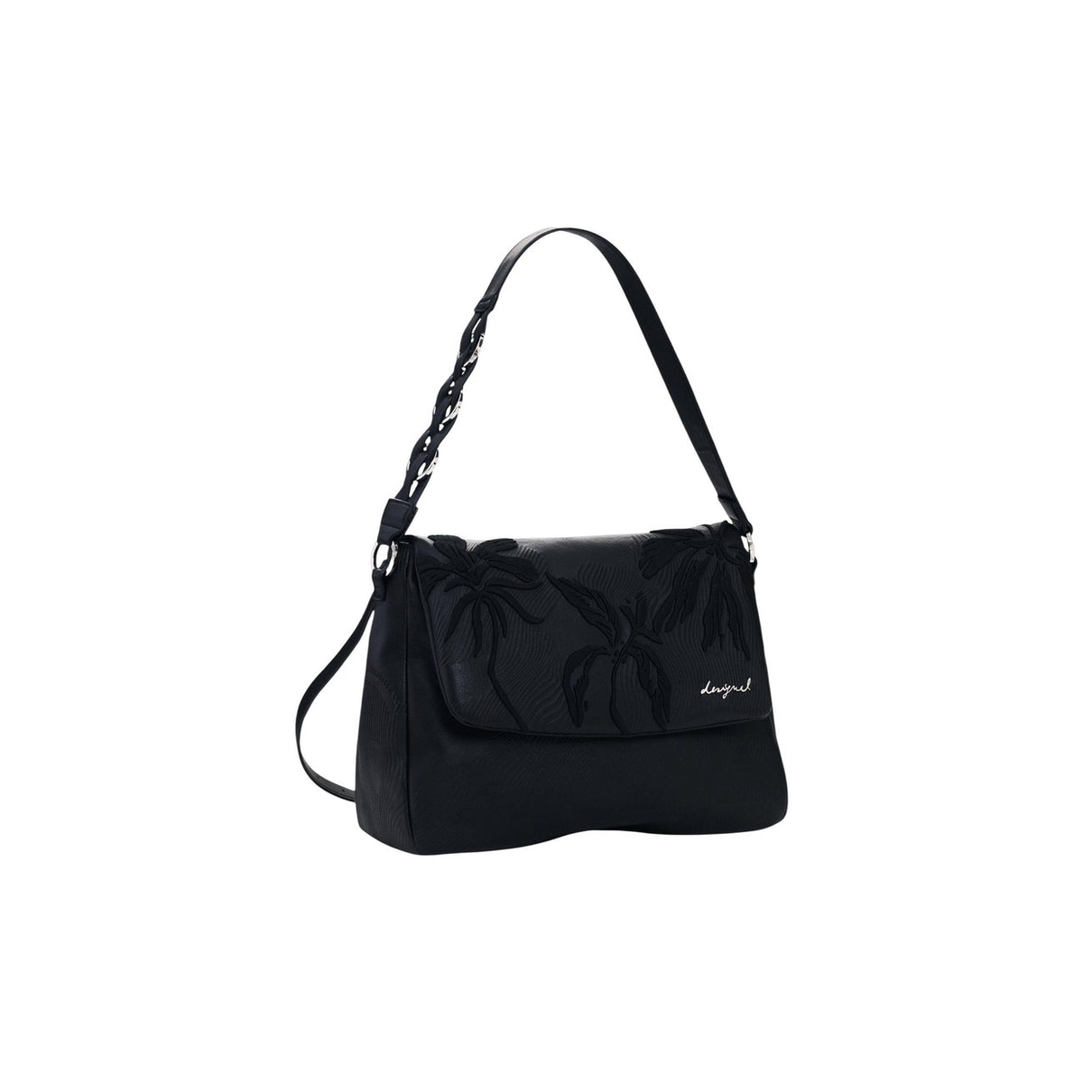 Zaino/borsa nero medio convertibile in borsa, con ricami floreali e charm rimovibile. Applicazione del logo in metallo. Collezione 2026. Vista frontale laterale