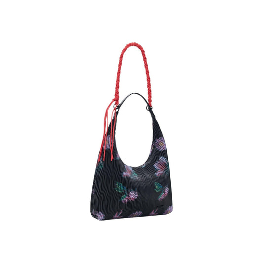 Borsa Ovale Donna Desigual SS26; Nero Multicolor. 100% Poliestere effetto pelle testurizzata, stampa a fiori astratti, chiusura con zip e tracolle intercambiabili. Misure medie e capienti (35x28 cm), stile originale. Frontale laterale