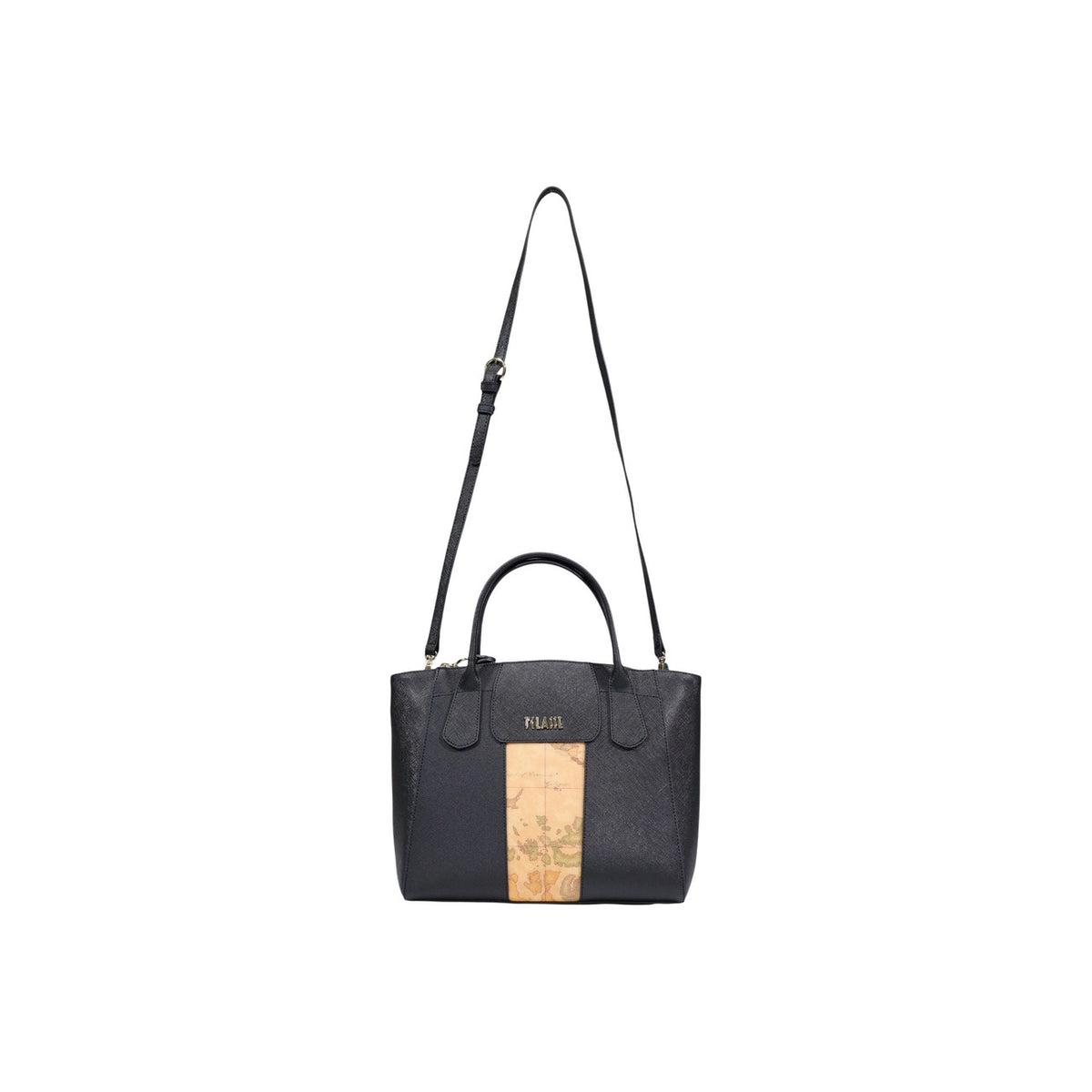 Borsa Alviero Martini LD25 con stampa Geo Classic centrale, doppi manici e tracolla staccabile; interno capiente con zip, realizzata in materiale tecnico resistente. Vista frontale con tracolla