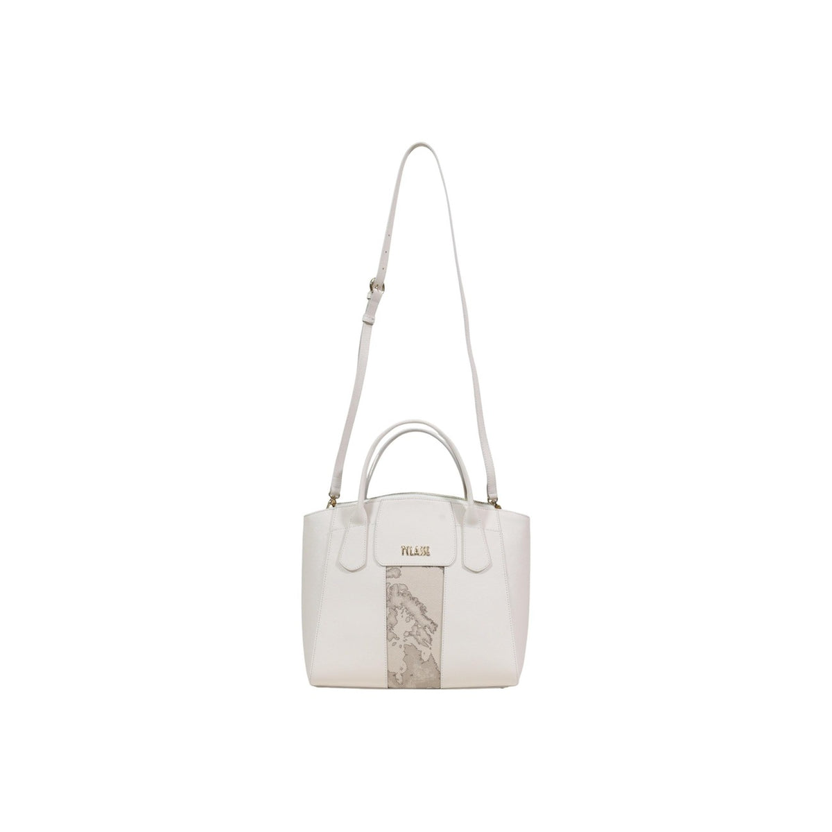 Borsa panna a mano Alviero Martini LD25 con tracolla regolabile, inserto mappa Geo e logo metallico dorato; borsa strutturata media con chiusura a zip, capiente e funzionale. Vista frontale Con tracolla