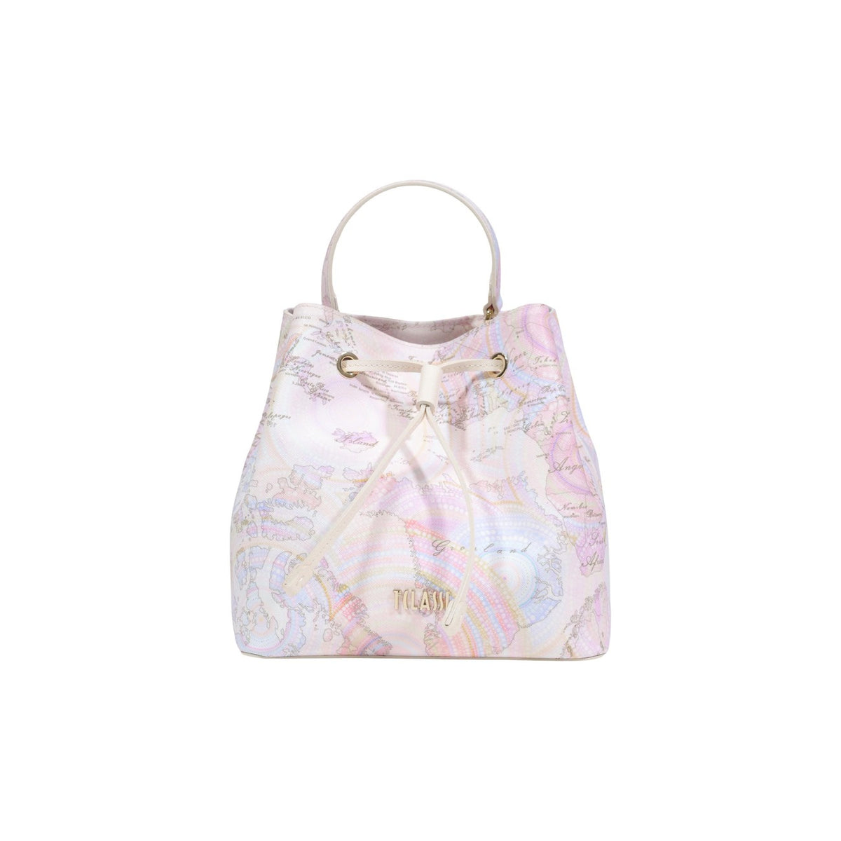 Borsa a secchiello Alviero Martini LE70 con stampa Geo e chiusura a laccio; design iconico a zainetto con base tonda e interni organizzati. Vista frontale