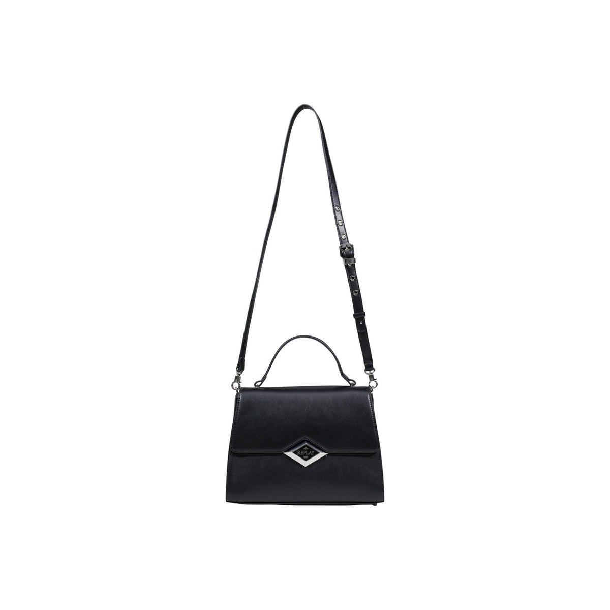 Replay Borsa Logo Rombo; borsa a mano nera 28x20x11 cm in 100% poliestere. Chiusura automatica, tracolla inclusa e stile contemporaneo. Vista frontale con tracolla